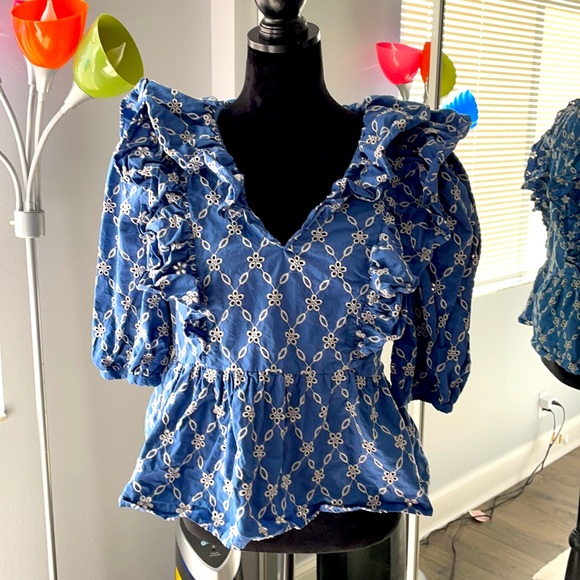 Blue Embroidered Zara Puff Sleeve Blouse - Picture 2 of 8